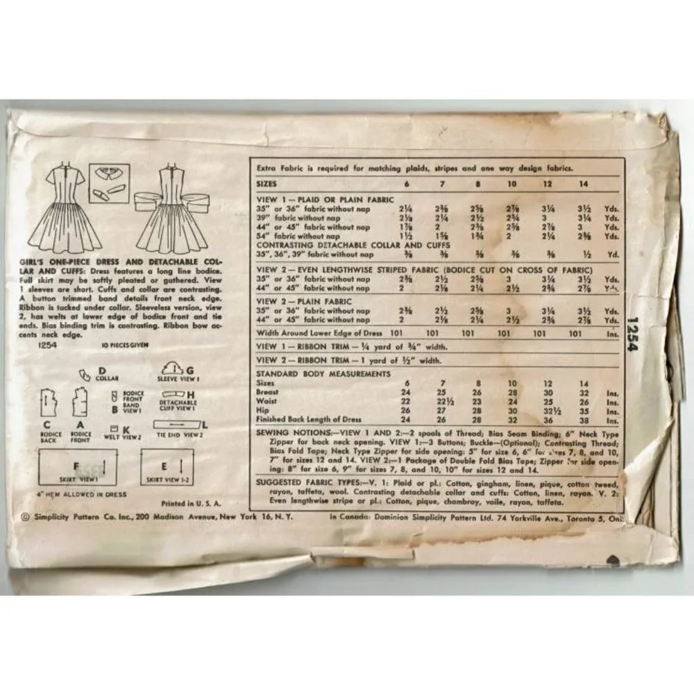 PARTIAL CUT Sewing Pattern Simplicity 1254 Dress Detachable Collar Girls Size 10